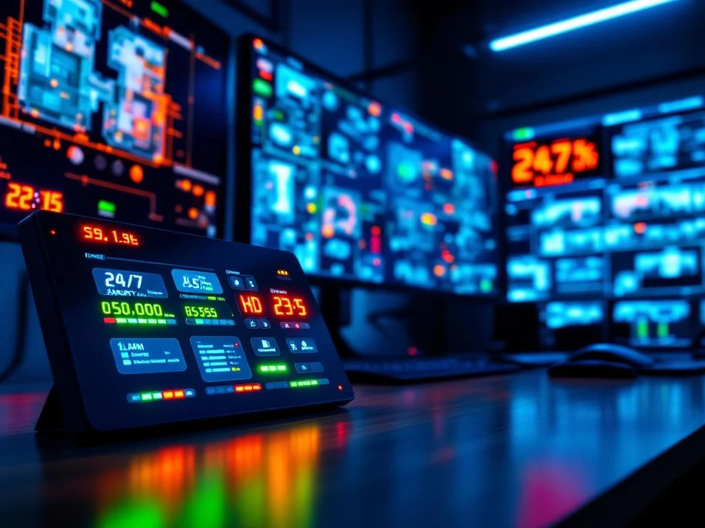 Beveiligingscontrolekamer met HD-monitoren, alarmsysteem interfaces, camerafeed en verlichte controlepanelen voor 24/7 bewaking