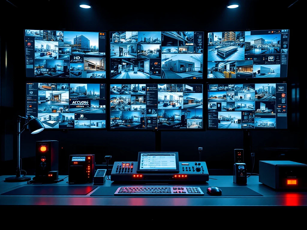 Beveiligingscontrolekamer met HD-monitoren die kantoren, magazijnen en winkels tonen, plus toegangscontrole-apparatuur
