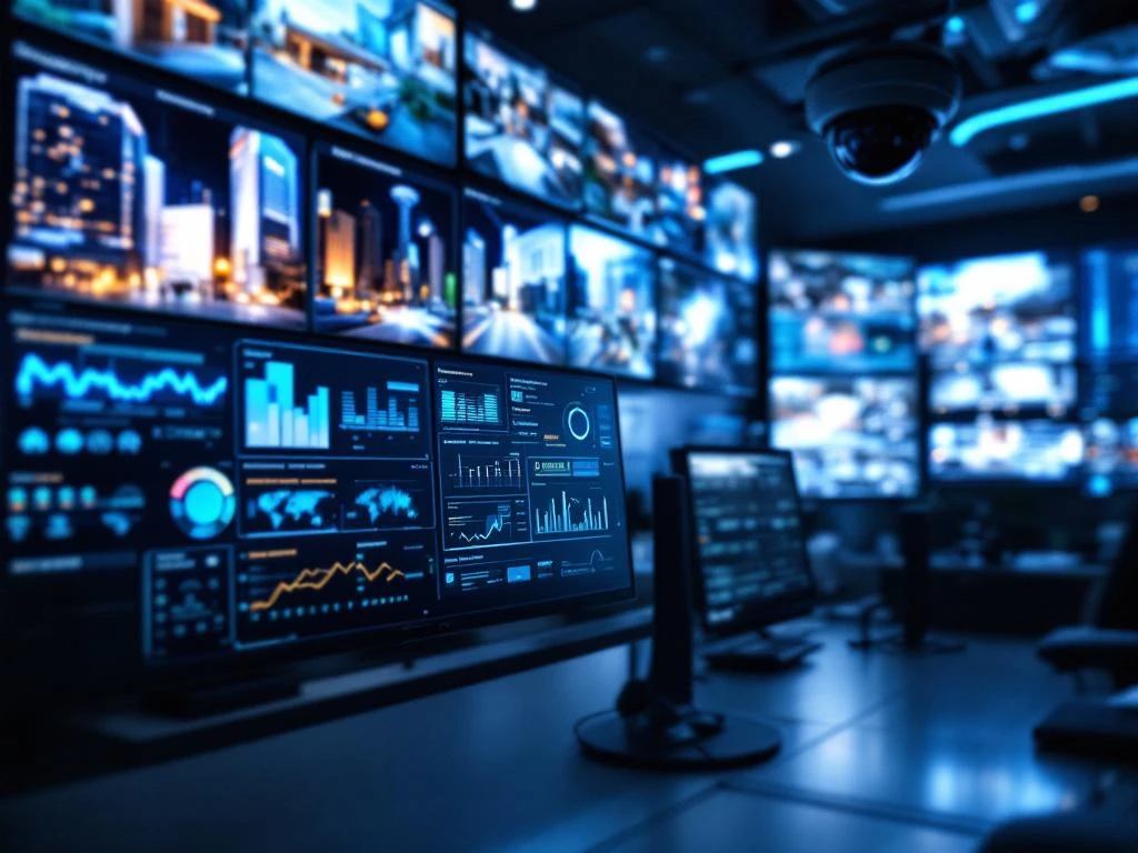 Beveiligingscontrolekamer met HD-monitors, live bewakingsbeelden en realtime beveiligingsanalyses op digitale dashboards