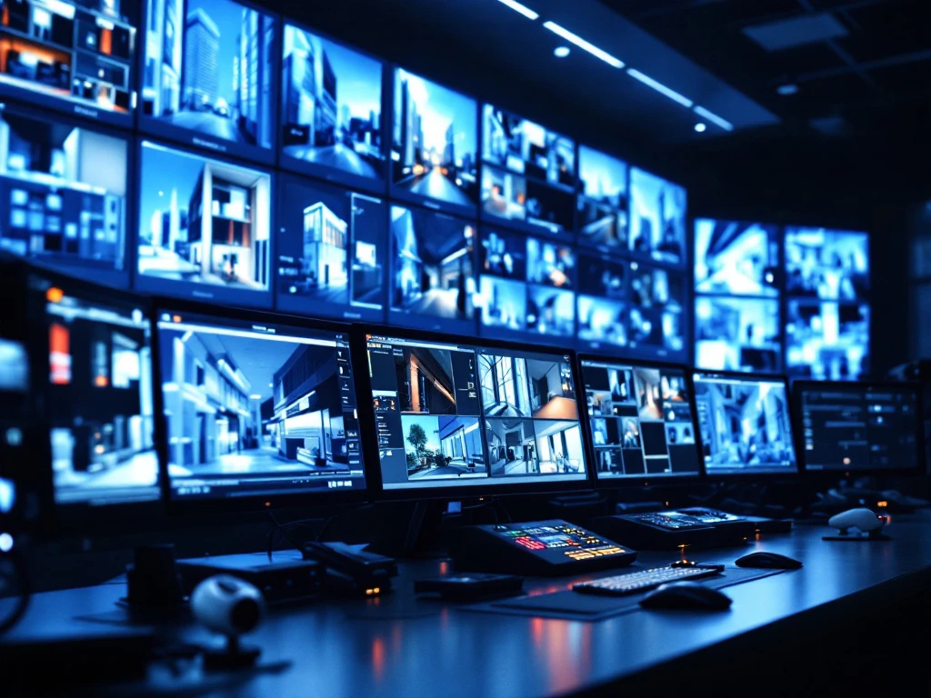 Moderne beveiligingscontrolekamer met surveillance monitors, verlichte bedieningspanelen en professionele bewakingsapparatuur