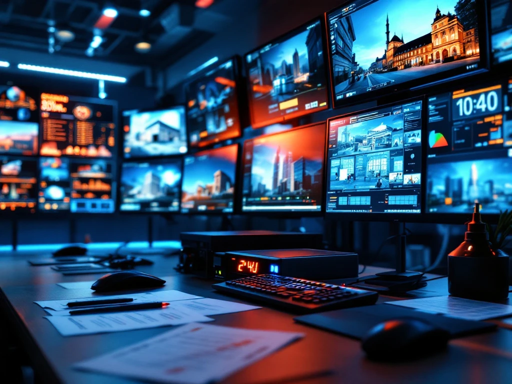 Beveiligingscentrale met HD-bewakingsmonitoren, professionele beveiligingsapparatuur en tijdelijke dienstregelingen