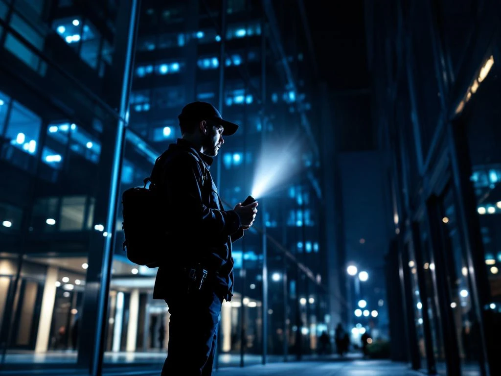 Beveiligingsbeambte van Marshall Security bij kantoorgebouw 's nachts met zaklamp en radio communicatie