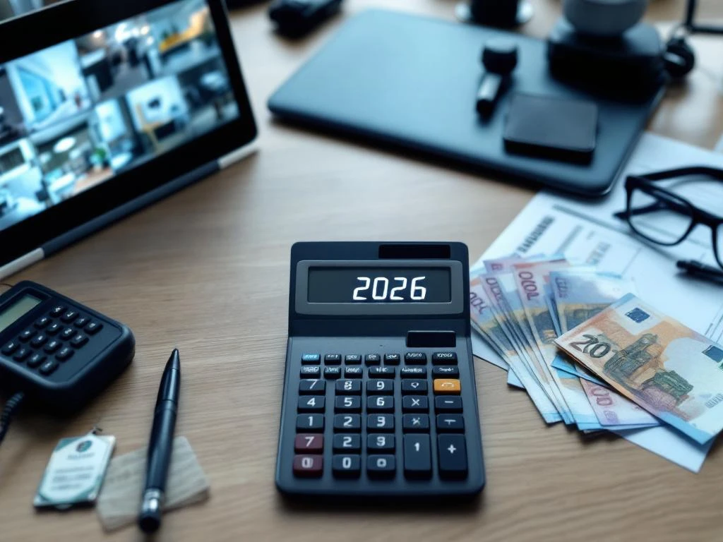 Calculator toont "2026" op modern bureau met eurobiljetten, beveiligingsdocumenten en professionele beveiligingsapparatuur