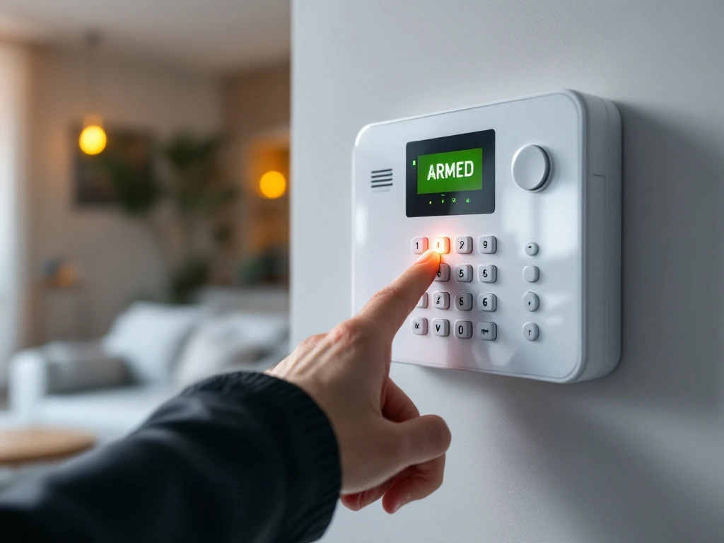 Witte beveiligingsalarm paneel op muur met groene "ARMED" status lamp, hand reikt naar toetsenblok in huis interieur