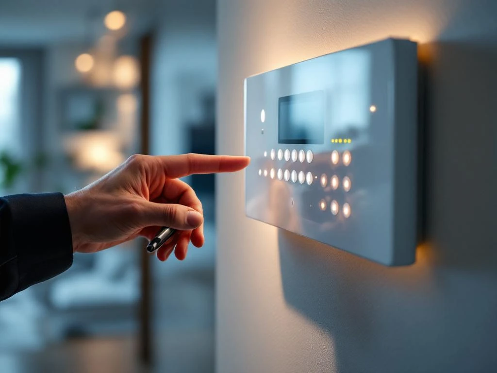 Professionele hand wijst naar wit beveiligingspaneel met LED-indicatoren, eurobiljetten op voorgrond in moderne woning