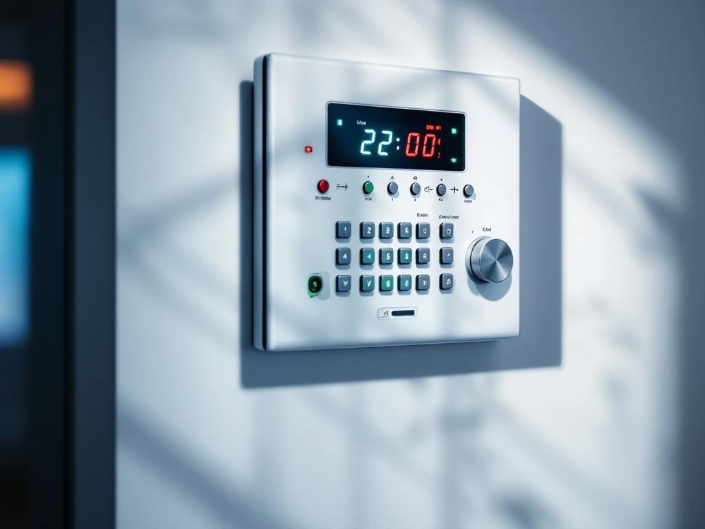 Professioneel beveiligingspaneel op witte muur met verlichte LED-indicatoren, metalen knoppen en digitaal display