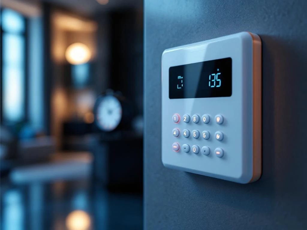 Wit beveiligingspaneel met LED-indicatoren en digitaal display in modern interieur met warme verlichting