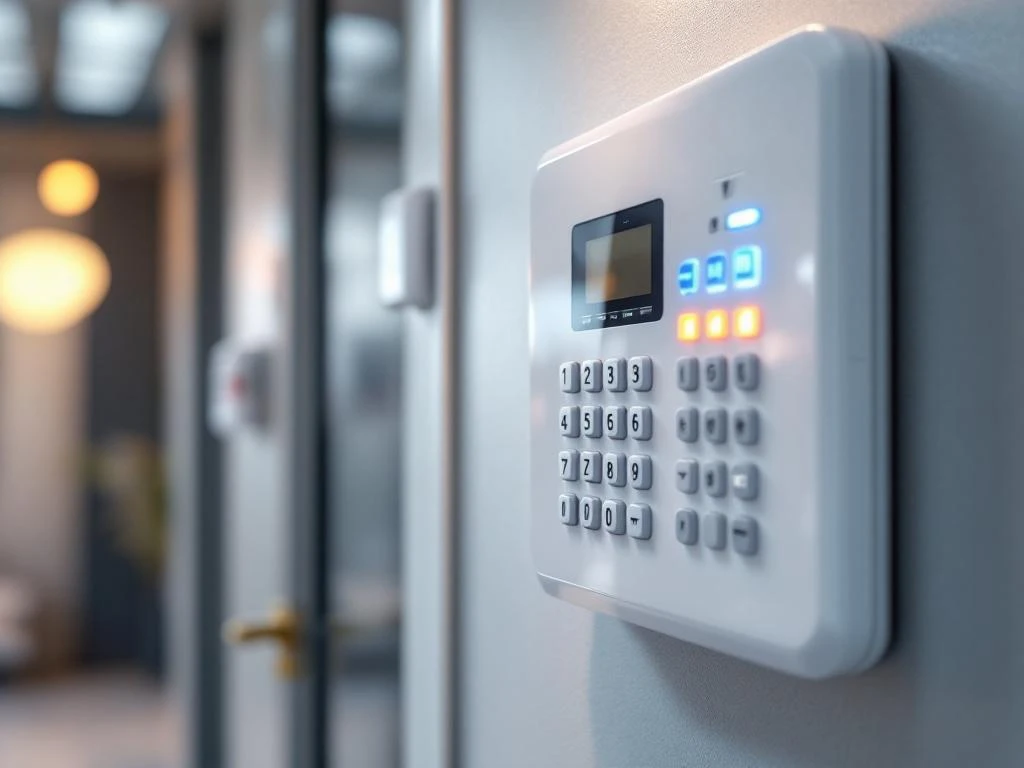 Moderne witte beveiligingspaneel op muur met verlichte LED-indicatoren, cijfertoetsen en digitaal display
