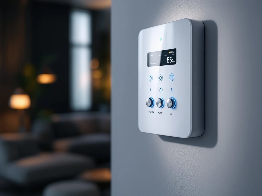 Wit beveiligingspaneel met blauwe LED-indicatoren en smartphone met beveiligingsapp in moderne woning