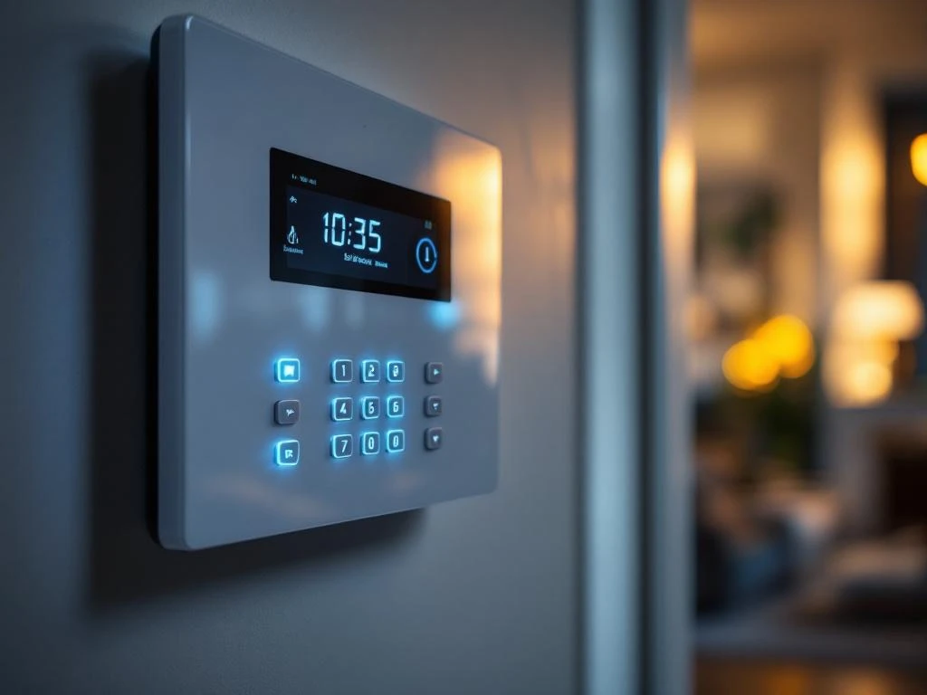 Moderne witte beveiligingspaneel op muur met LED-indicators, digitaal toetsenbord en touchscreen in woonhuis