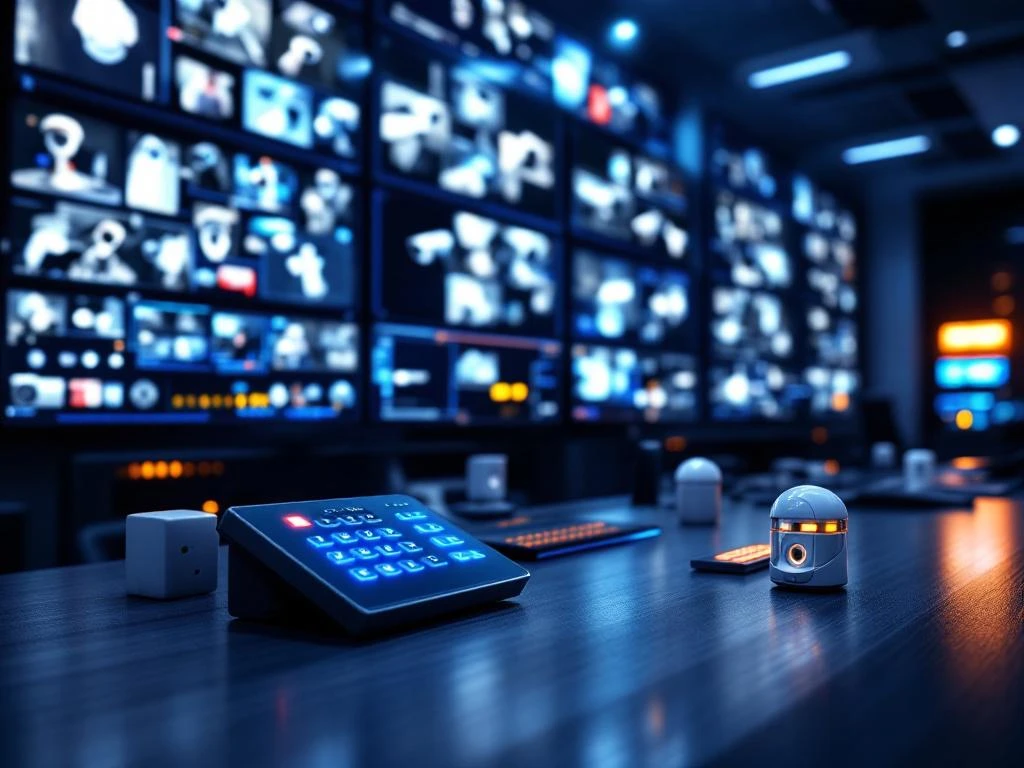 Moderne beveiligingscontrolekamer met meerdere monitors, toetsenpanelen en bewakingscamera's in blauw LED-licht