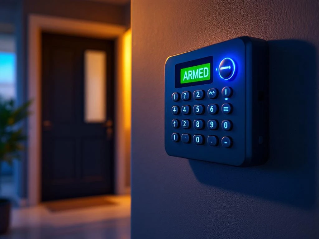 Beveiligingsalarm bedieningspaneel op muur met groene "INGESCHAKELD" indicator, deursensoren en bewegingsmelders zichtbaar