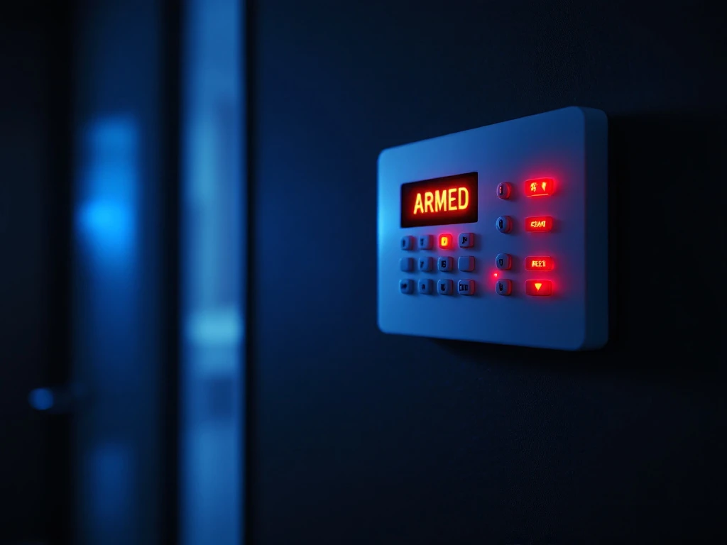 Beveiligingsalarm bedieningspaneel op donkere muur met rode waarschuwingslampjes en "ARMED" status display