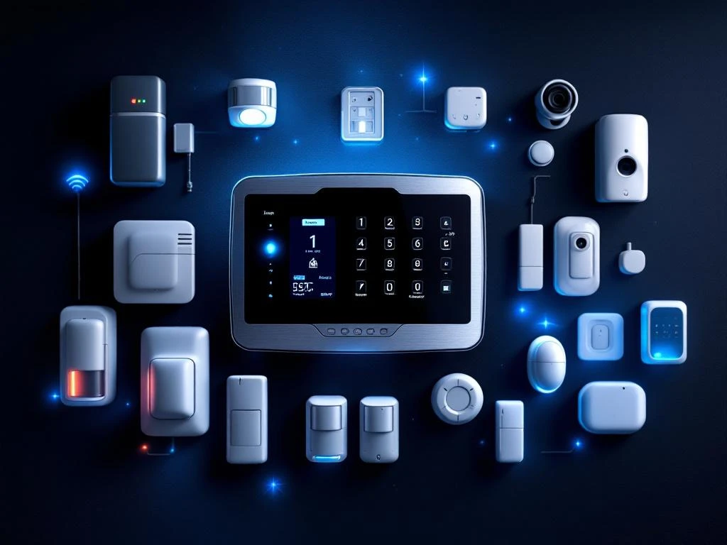 Moderne beveiligingspaneel omringd door bewegingssensoren, camera's en keypad met blauwe LED-verlichting