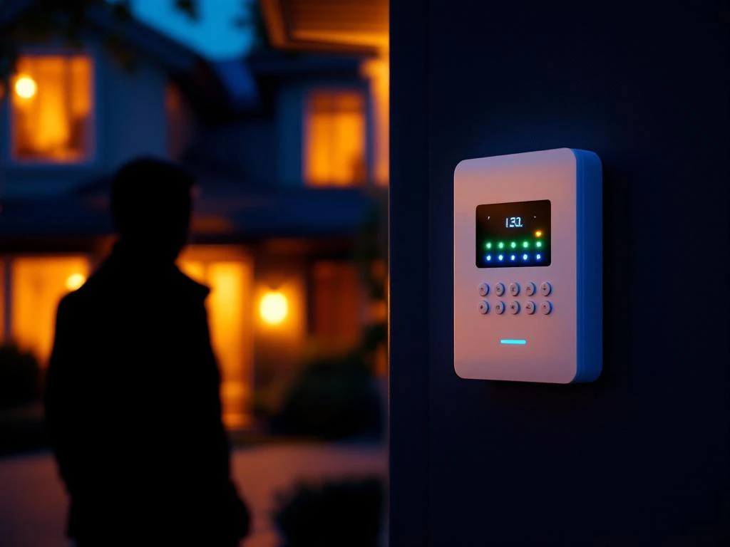 Wit beveiligingspaneel met LED-indicatoren naast voordeur van modern huis bij schemering, schaduwfiguur nadert eigendom
