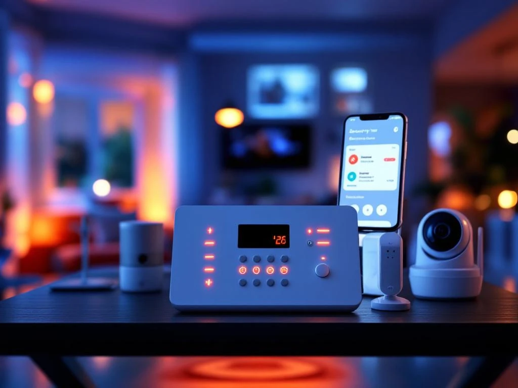 Moderne beveiligingspaneel met LED-indicatoren en smartphone met beveiligingsapp in huiselijke omgeving