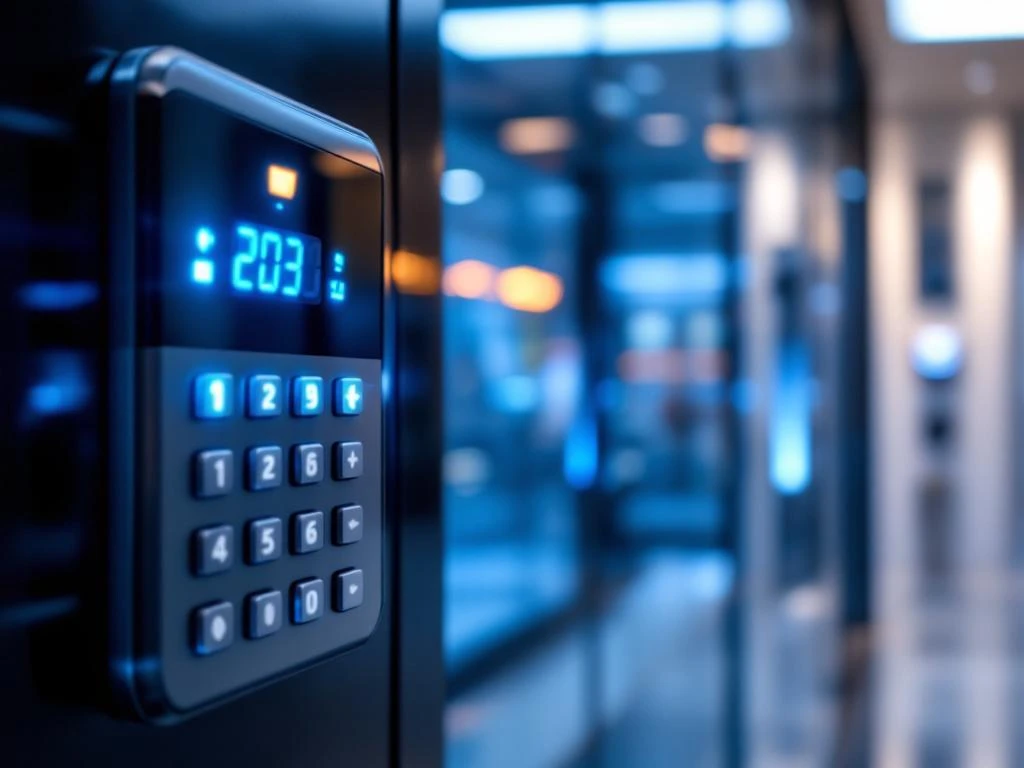 Moderne beveiligingskeypad met blauwe LED-indicatoren bij glazen kantoorgebouw ingang met beveiligingscamera's
