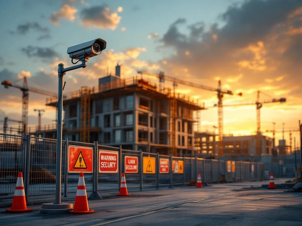 Bouwplaats bij zonsondergang met beveiligingscamera, hekken en waarschuwingsborden rond modern gebouw in aanbouw