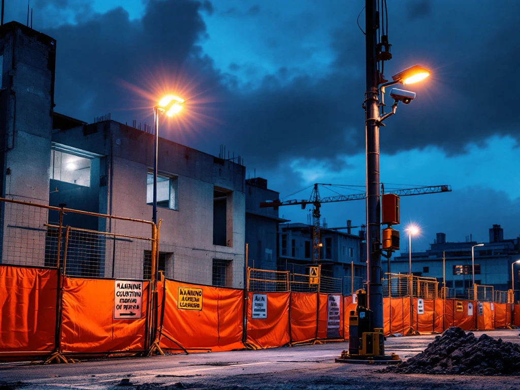Beveiligingscamera op bouwplaats met LED-verlichting, veiligheidshekken en waarschuwingsborden bij schemering