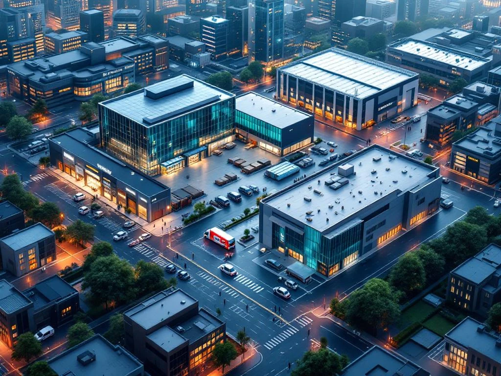 Luchtfoto van commerciële sectoren met zichtbare beveiligingselementen: kantoren, magazijnen, winkels en zorgfaciliteiten