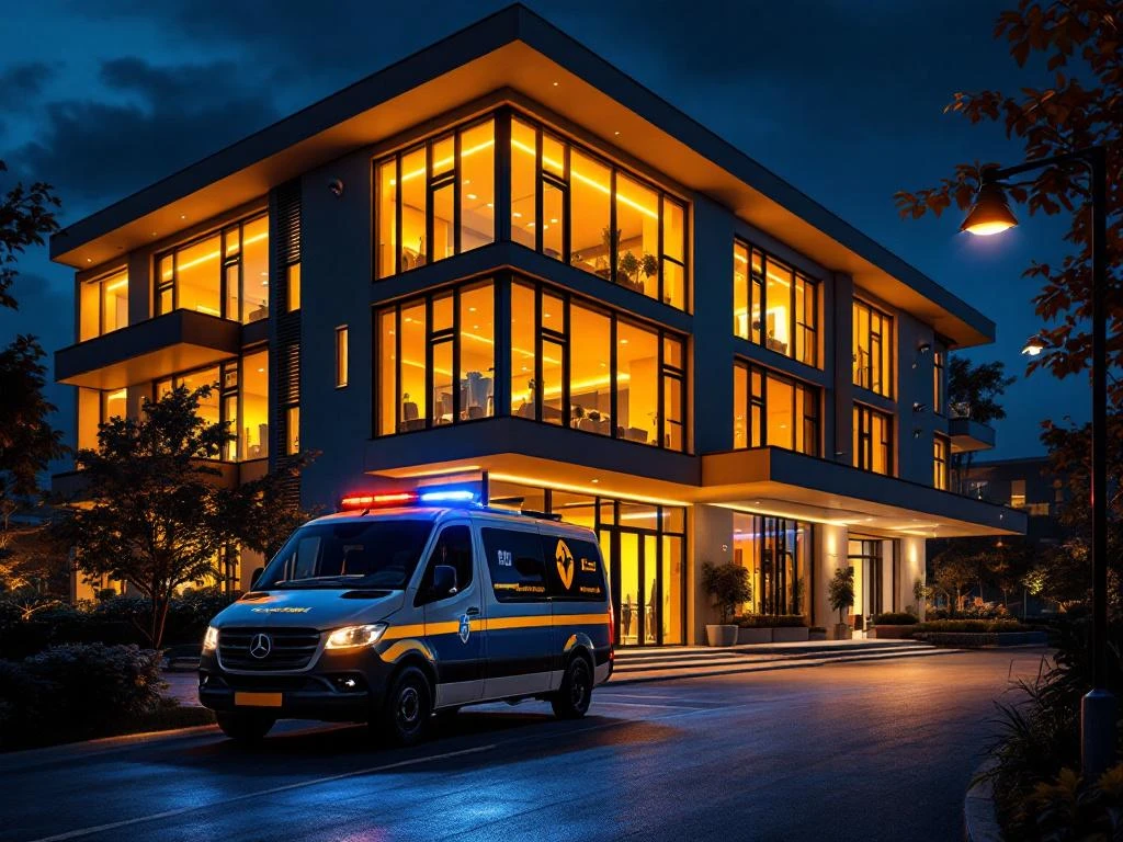 Modern kantoorgebouw 's nachts met beveiligingsvoertuig, camera's en verlichting voor 24/7 beveiliging