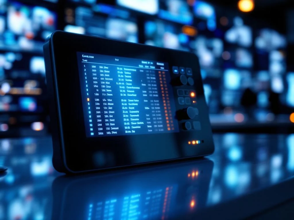 Moderne digitale beveiligingspaneel met gloeiend LCD-scherm dat logboekgegevens toont, omringd door LED-indicatoren