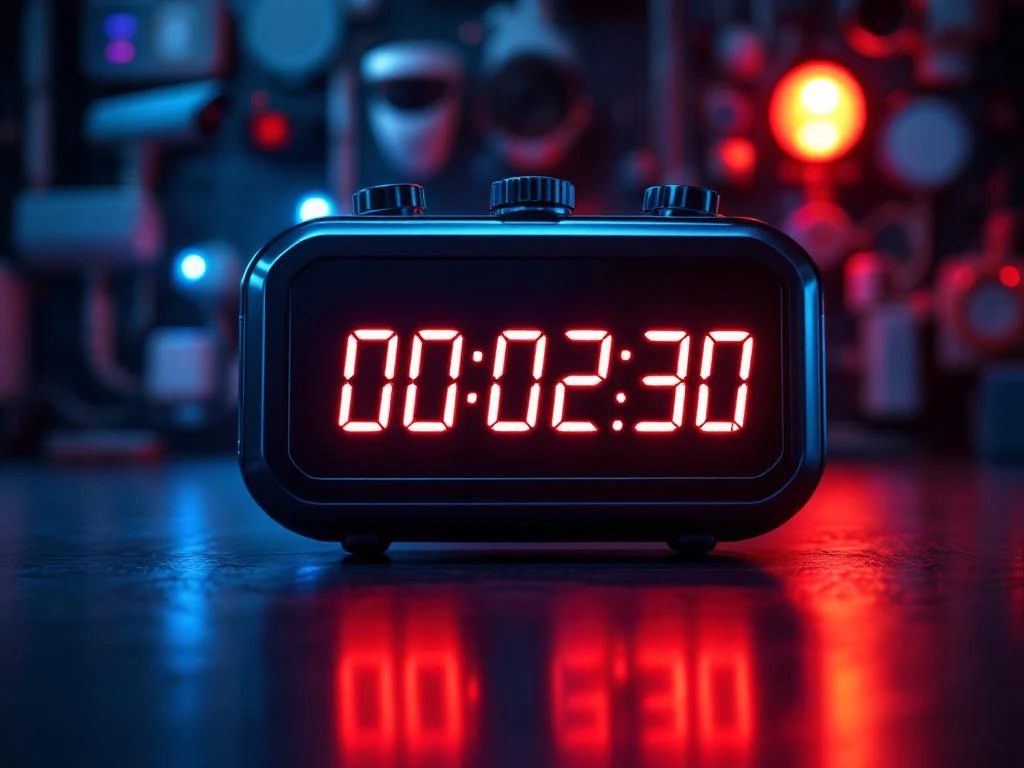 Digitale stopwatch toont 00:02:30 tegen donkere achtergrond met beveiligingscamera's en noodverlichting