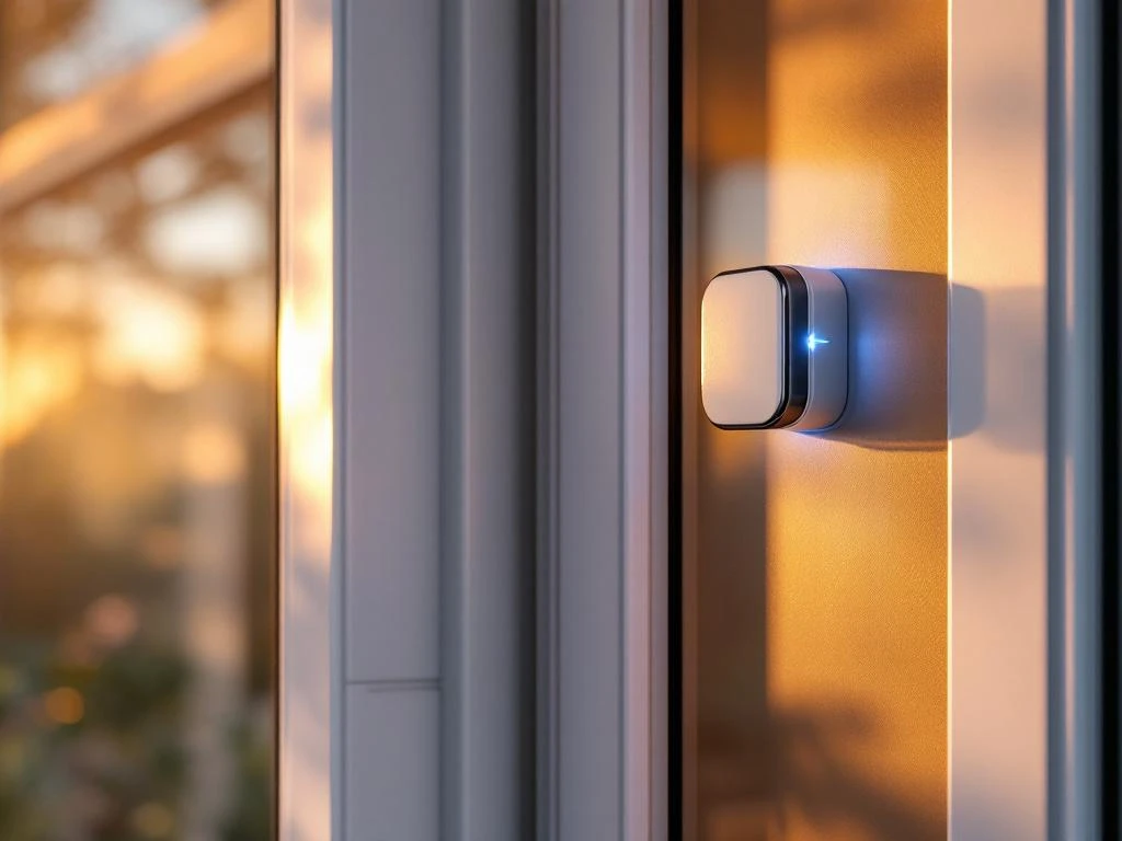 Moderne witte voordeur met draadloze alarmsensor en blauw LED-licht, beveiligingssysteem geïntegreerd in huisarchitectuur