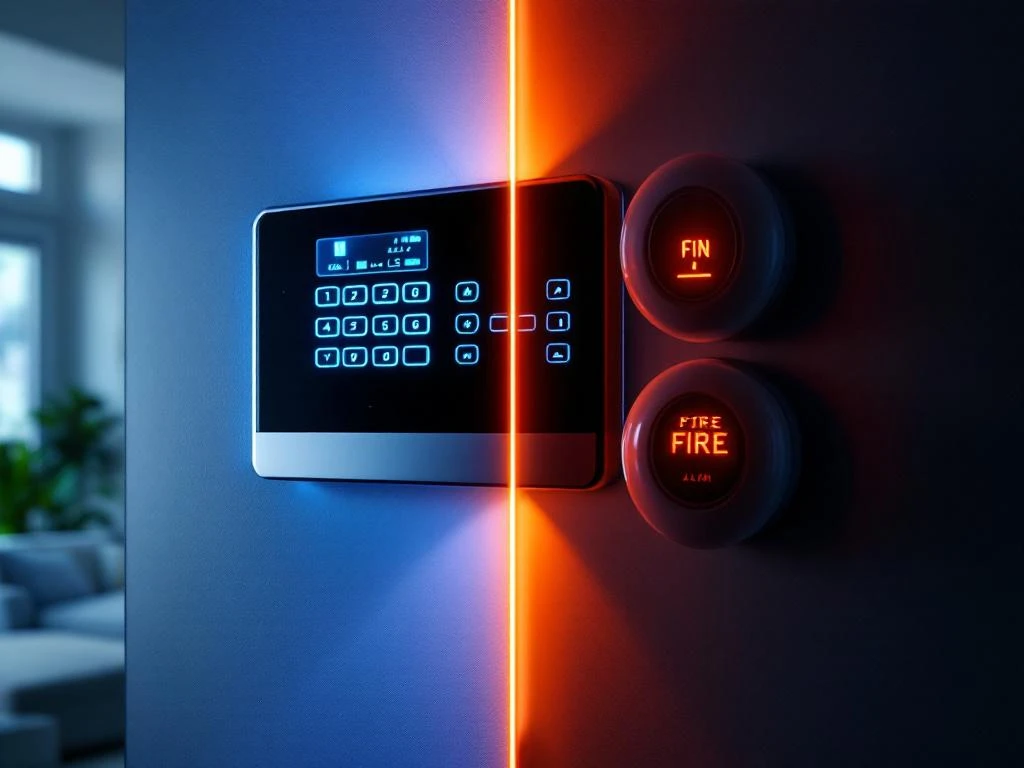 Gesplitst scherm toont moderne inbraak- en brandalarmsystemen met blauwe en oranje verlichting in huis