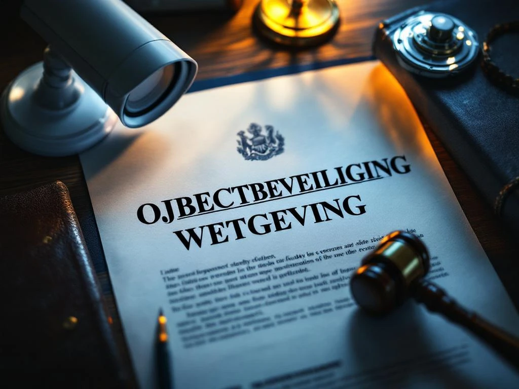 Officieel juridisch document met "OBJECTBEVEILIGING WETGEVING" omringd door beveiligingsapparatuur en wetboeken