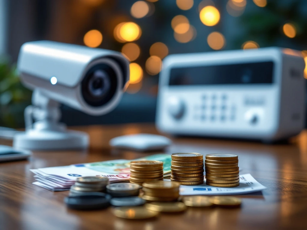 Euro bankbiljetten en munten op houten bureau met beveiligingscamera en alarmsysteem op achtergrond