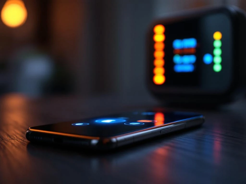 Smartphone met beveiligingsapp op houten tafel, met blauw-oranje iconen en alarmsysteem paneel op achtergrond