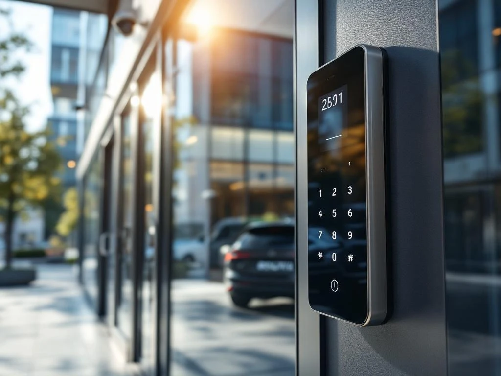 Elektronisch toegangssysteem met keypad bij moderne kantoorgebouw ingang met beveiligingscamera's en sensors