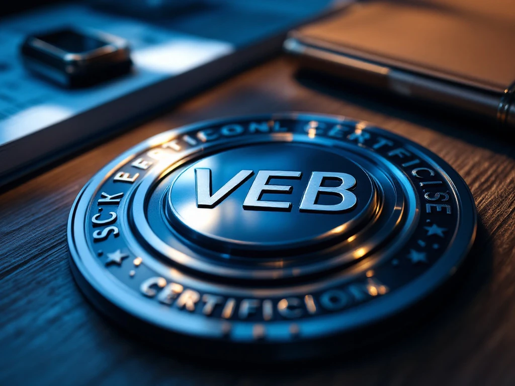 VEB certificeringsbadge op houten bureau met professionele documenten en beveiligingsfolder in blauw-zilver kleurenschema