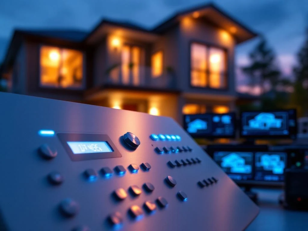 Moderne beveiligingspaneel met blauwe LED-indicatoren en monitorschermen voor huisbeveiliging bij schemering