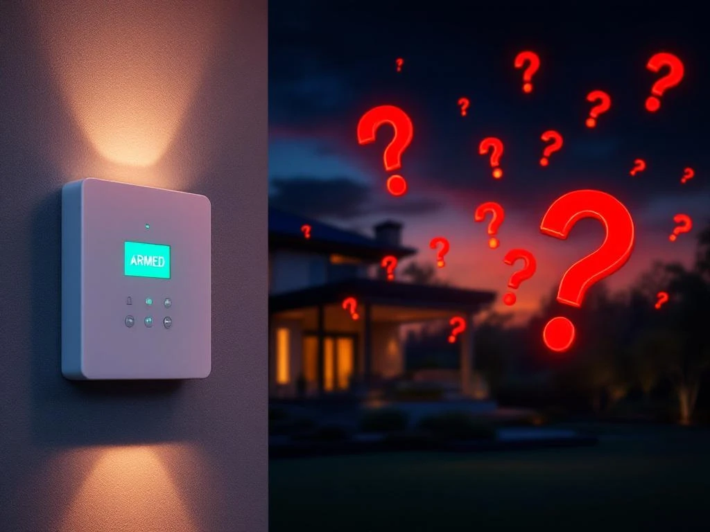 Wit beveiligingspaneel toont "ARMED" status naast zwevende rode vraagtekens bij moderne woning tijdens schemering