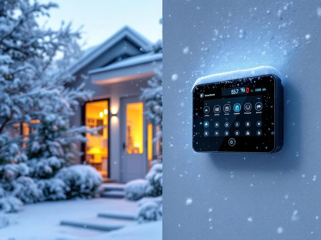 Winterbestendige alarmsysteem bedieningspaneel op besneeuwde muur van modern huis met beveiligingscamera's