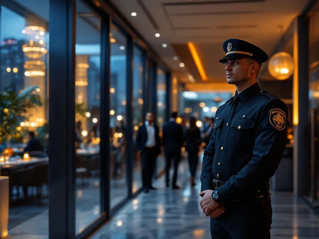 Professionele beveiligingsbeambte bij elegante zakelijke bijeenkomst in modern bedrijfspand met gasten op achtergrond