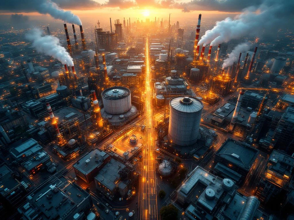 Luchtfoto van industriële stad met verschillende bedrijfssectoren, beveiligingscamera's en risicogebieden bij zonsondergang