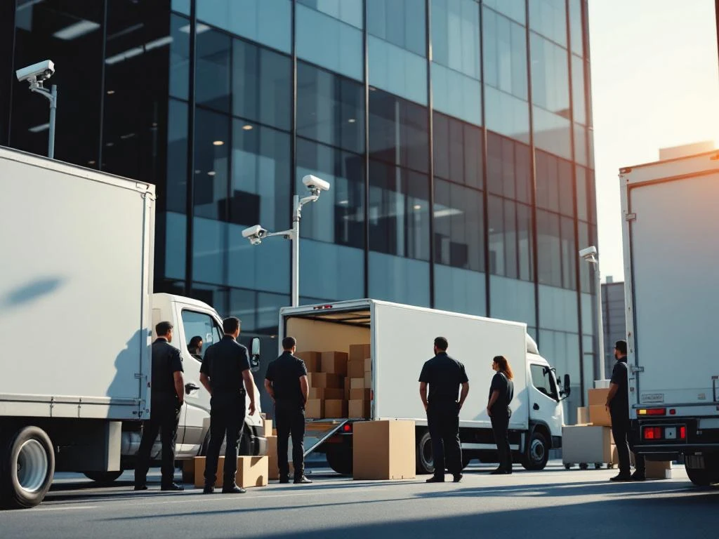 Beveiligingspersoneel bewaakt verhuiswagens tijdens bedrijfsverhuizing bij modern kantoorgebouw met glazen gevel