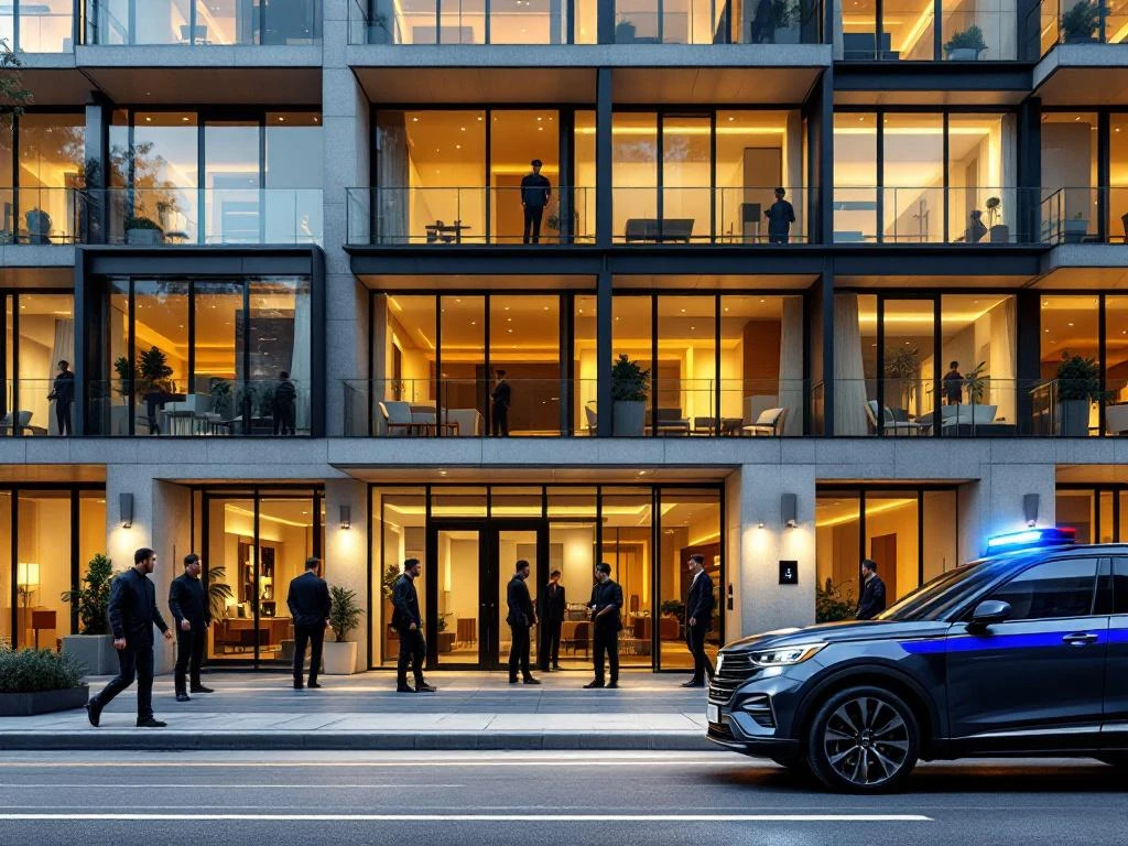 Modern appartementengebouw met beveiligingspersoneel, camera's en toegangscontrole bij ingangen, beveiligingsvoertuig op voorgrond