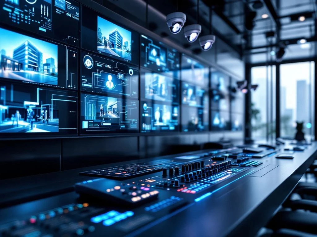 Moderne beveiligingscontrolekamer met monitors, camera's en geavanceerde bewakingssystemen voor gebouwbeveiliging