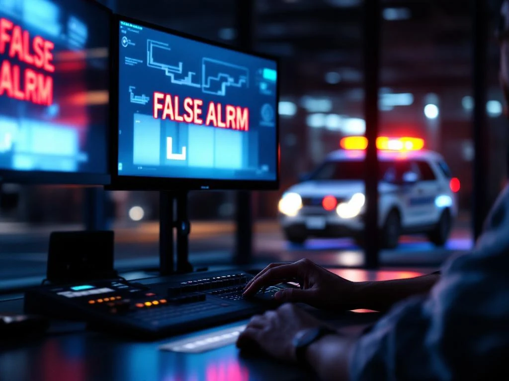 Beveiligingscontrolekamer met meerdere monitoren die 'FALSE ALARM' tonen, dispatcher aan bedieningspaneel, patrouillevoertuig vertrekt