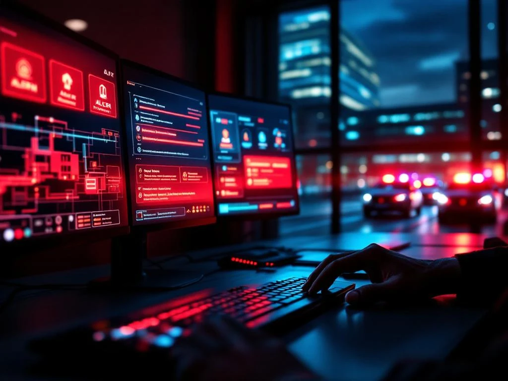Beveiligingsmedewerker bedient alarmsysteem in controlecentrum terwijl Marshall Security voertuigen uitrukken naar noodoproep