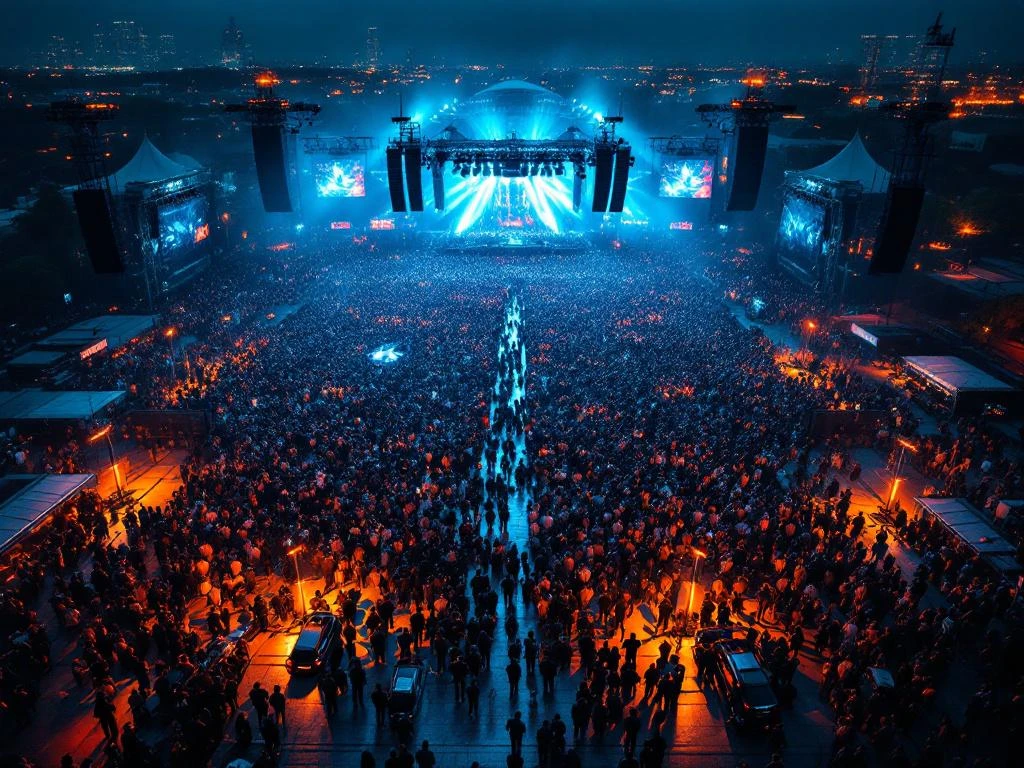 Luchtfoto van groot evenemententerrein bij schemering met menigte, beveiligingspersoneel en checkpoints