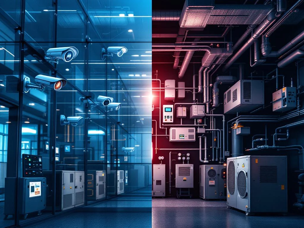 Modern kantoorgebouw met beveiligingscamera's en toegangscontrole die overgaat in HVAC- en onderhoudsapparatuur binnen