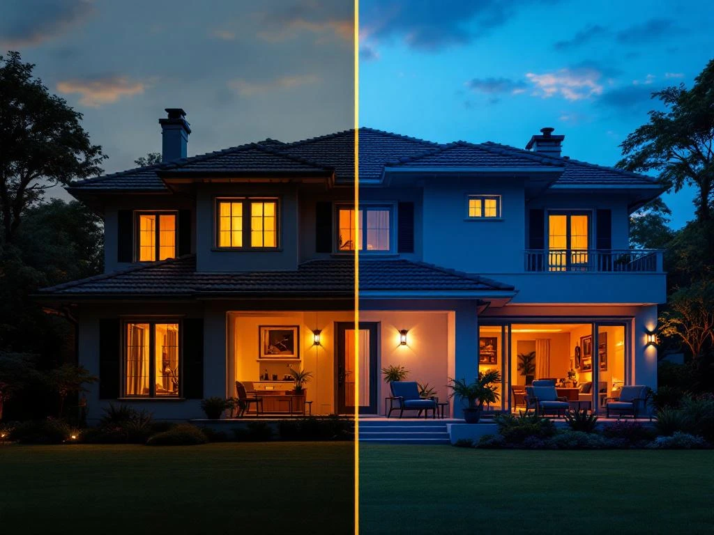Luxe woning bij zonsondergang: links onbeveiligd met open raam, rechts beveiligd met camera's en sensoren