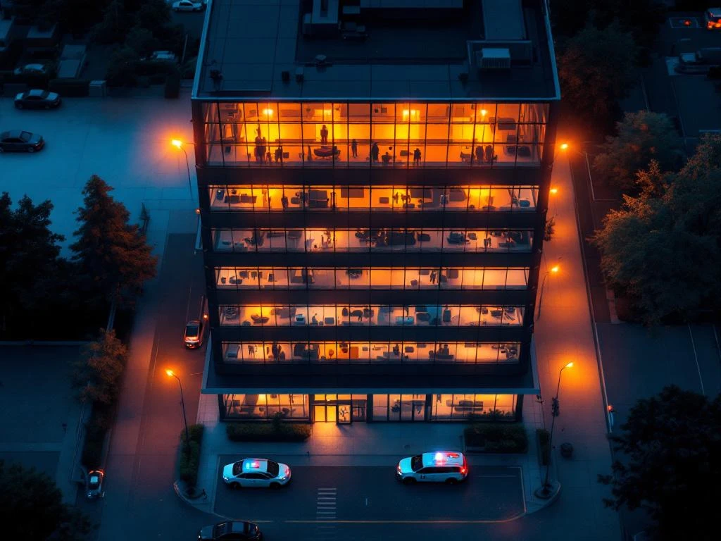 Modern kantoorgebouw bij schemering met beveiligingscamera's, sensoren en beveiligingsvoertuigen rondom het pand