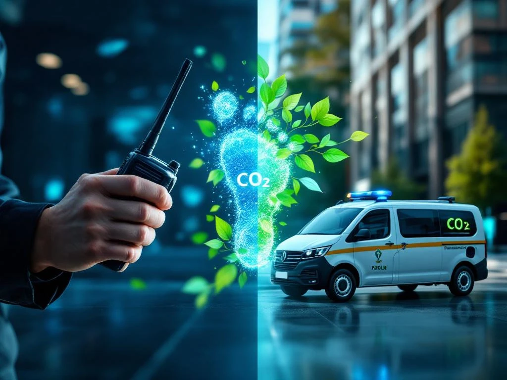 Beveiligingsagent met walkie-talkie naast elektrische patrouillewagen met zonnepanelen, CO2-molecuul lost op in groene bladeren