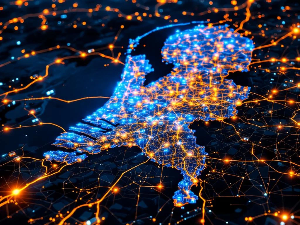 Luchtfoto van Nederland met beveiligingszones in blauw en oranje over Amsterdam, Rotterdam en Utrecht met patrouillevoertuigen